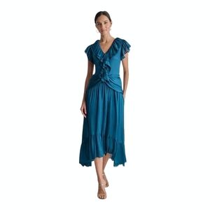 DKNY Women's Ruffled Crinkle-Textured Chiffon Maxi Dress‎ Teal Blue Sizes 6,16